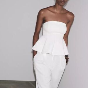 Zara White Strapless Peplum Jumpsuit